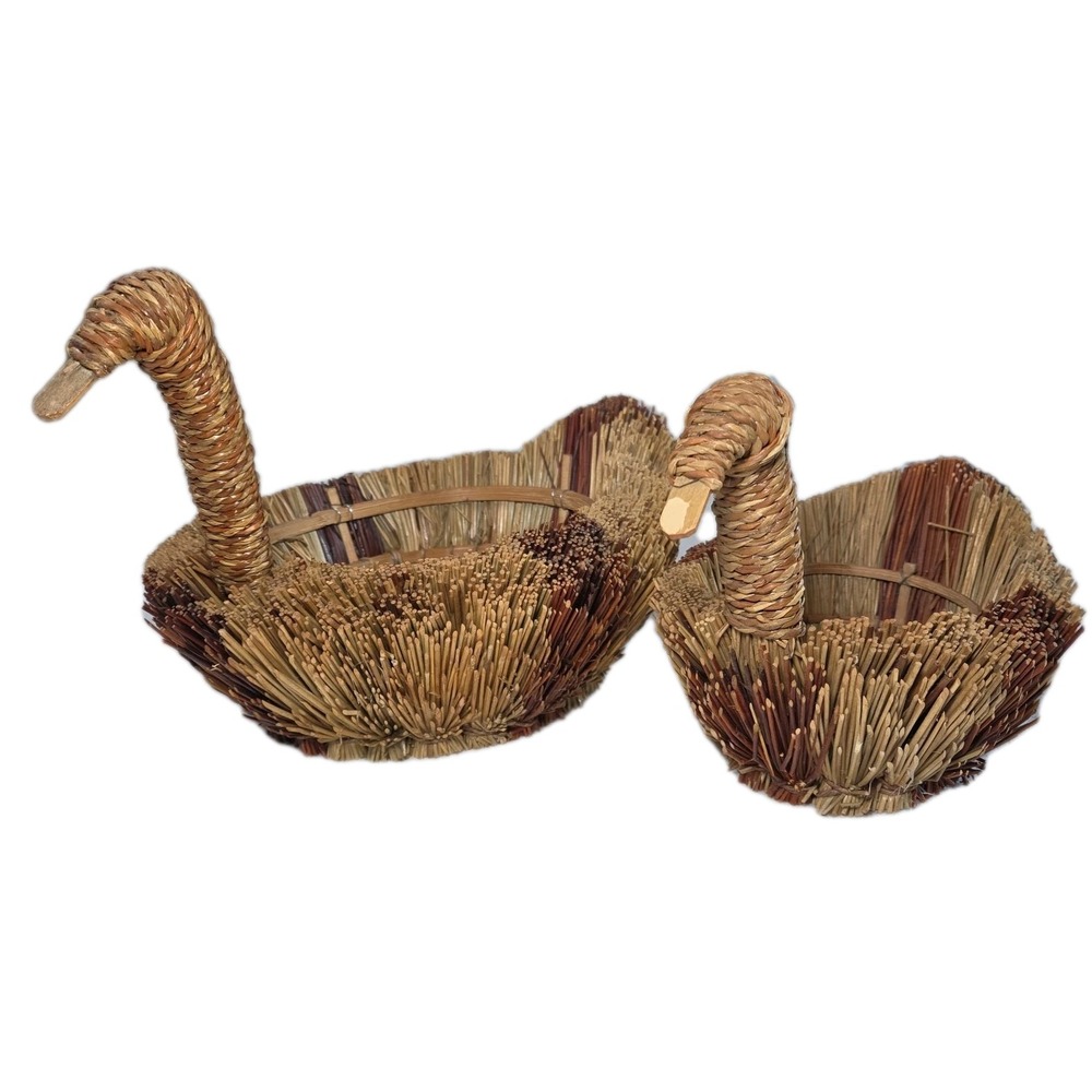 Wicker Straw Duck Swan Basket Set Brown Woven Nesting Grandma core Cottagecore
